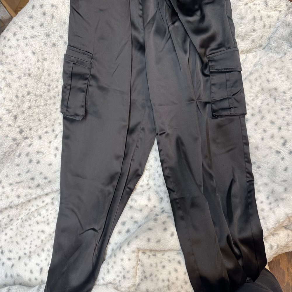 Black Satin Cargo Pants